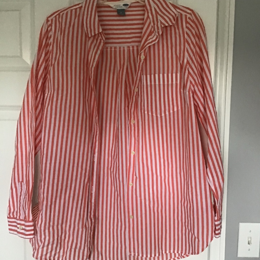 Old Navy button up tunic orange and white stripe with pocket 100% cotton